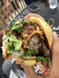 Burger from the Pickled Pig. They are loaded with toppings and MASSIVE! Unforgettable!, adirondack mountains, adirondacks new york, new york travel, camping in new york