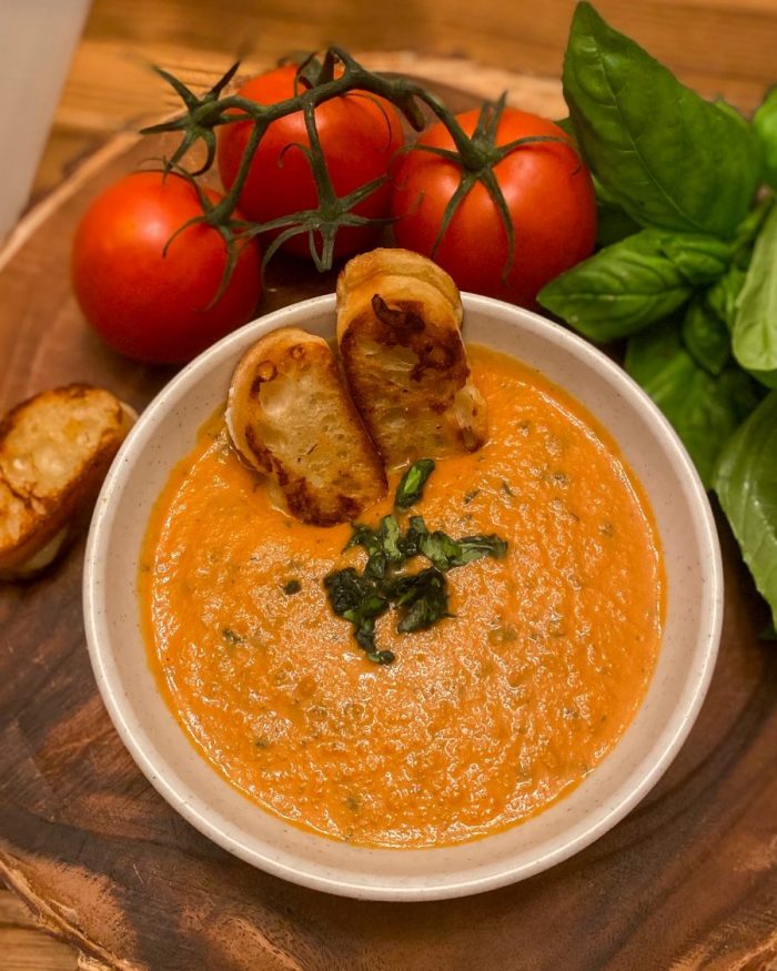 Dairy Free roasted garlic and shallot tomato bisque.