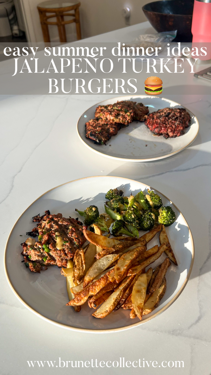 there are two plates sitting on the counter and the plates have turkey burgers, french fries and broccoli on them